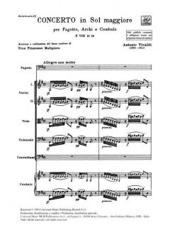 Concerto G Major Bassoon Strings Continuo RV492 Score Fviii#29 T275 (Antonio Vivaldi) 