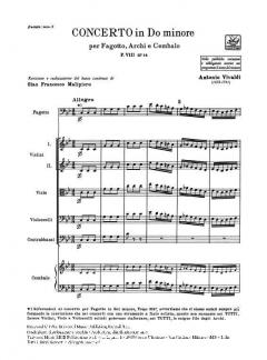 Concerto C Minor Bassoon Strings Continuo RV480 Score Fviii#14 T225 (Antonio Vivaldi) 