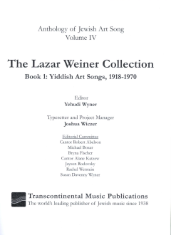 The Lazar Weiner Collection - Book 1: Yiddish Art Songs, 1918-1970 (Download) 