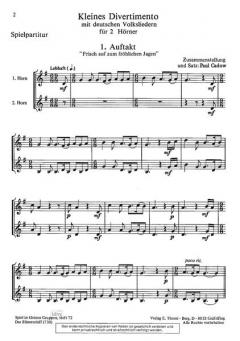 Kleines Divertimento mit deutschen Volksliedern von Paul Cadow für Horn Duett