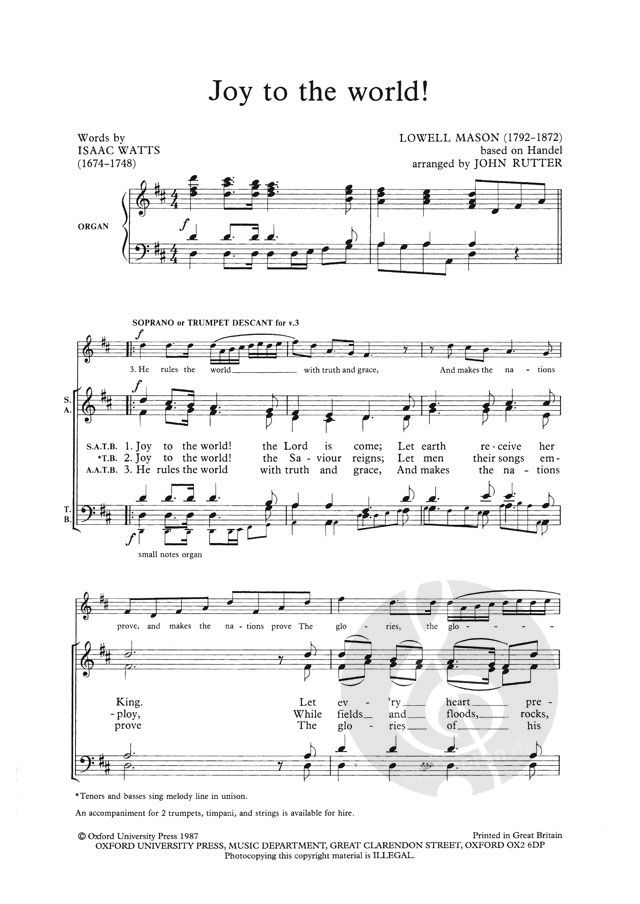 Joy To The World Von Lowell Mason Download Noten F r Gemischten Chor
